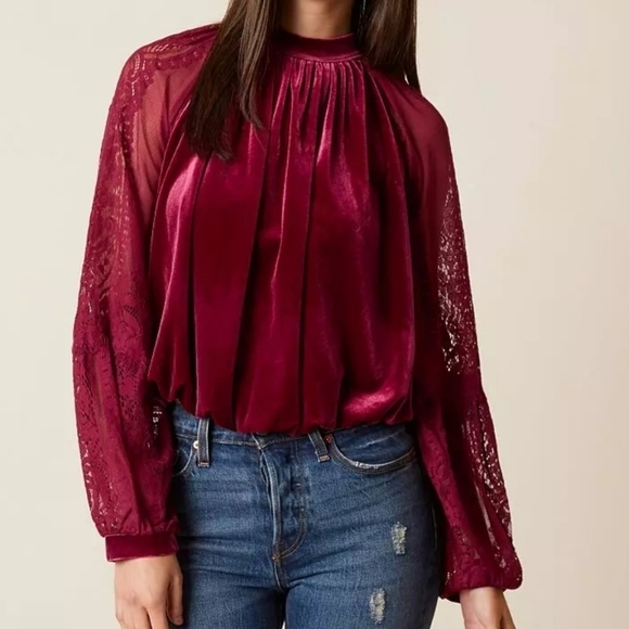 Free People Tops - Free People Dream Team respberry color lace sleeves velvet blouse Size XS